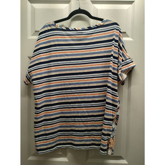 Chico's Size XL (3) Peach Blue Floral Striped Bateau Boat Neck Slub Cotton Tee - Picture 2 of 9